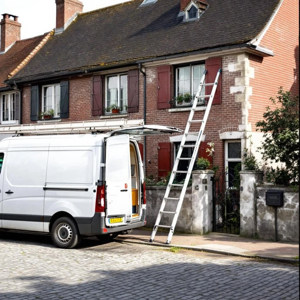 Witte aannemer busje geparkeerd voor Belgisch huis - ladder op dak, professionele service
